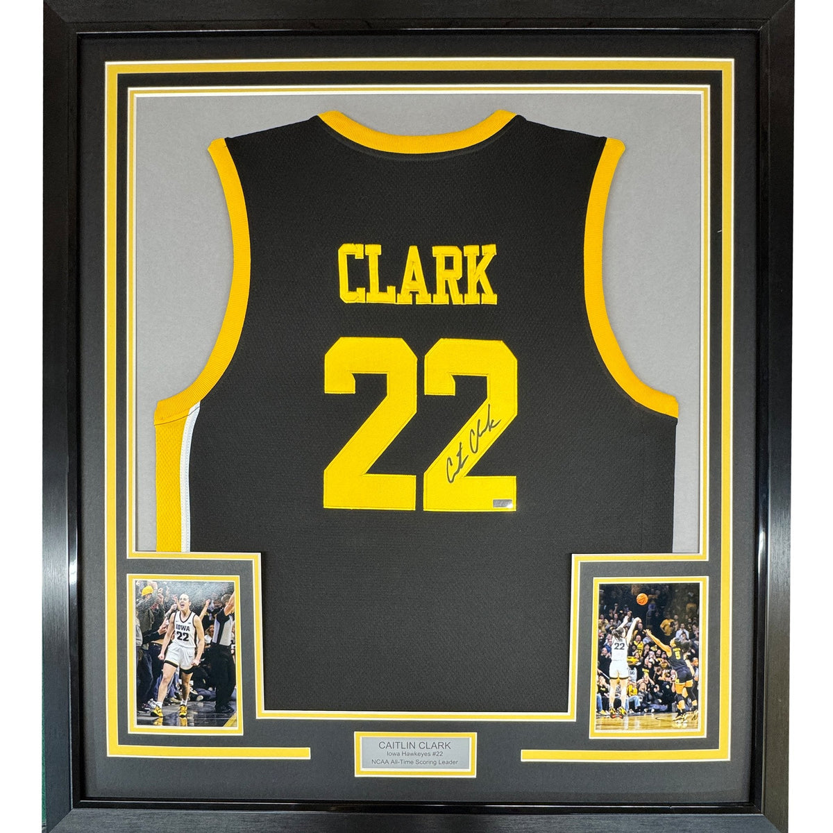 Framed Autographed Caitlin Clark 35x39 Iowa Black Basketball Jersey