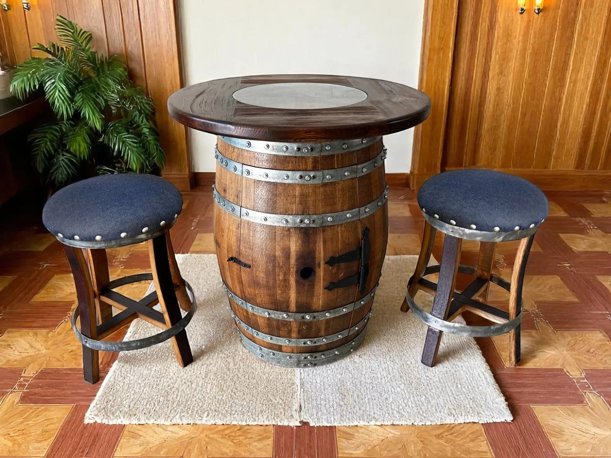 Wine Barrel Bar with Round Wood-Glass Top and Bar Stools