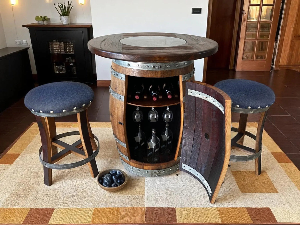 Wine Barrel Bar with Round Wood-Glass Top and Bar Stools