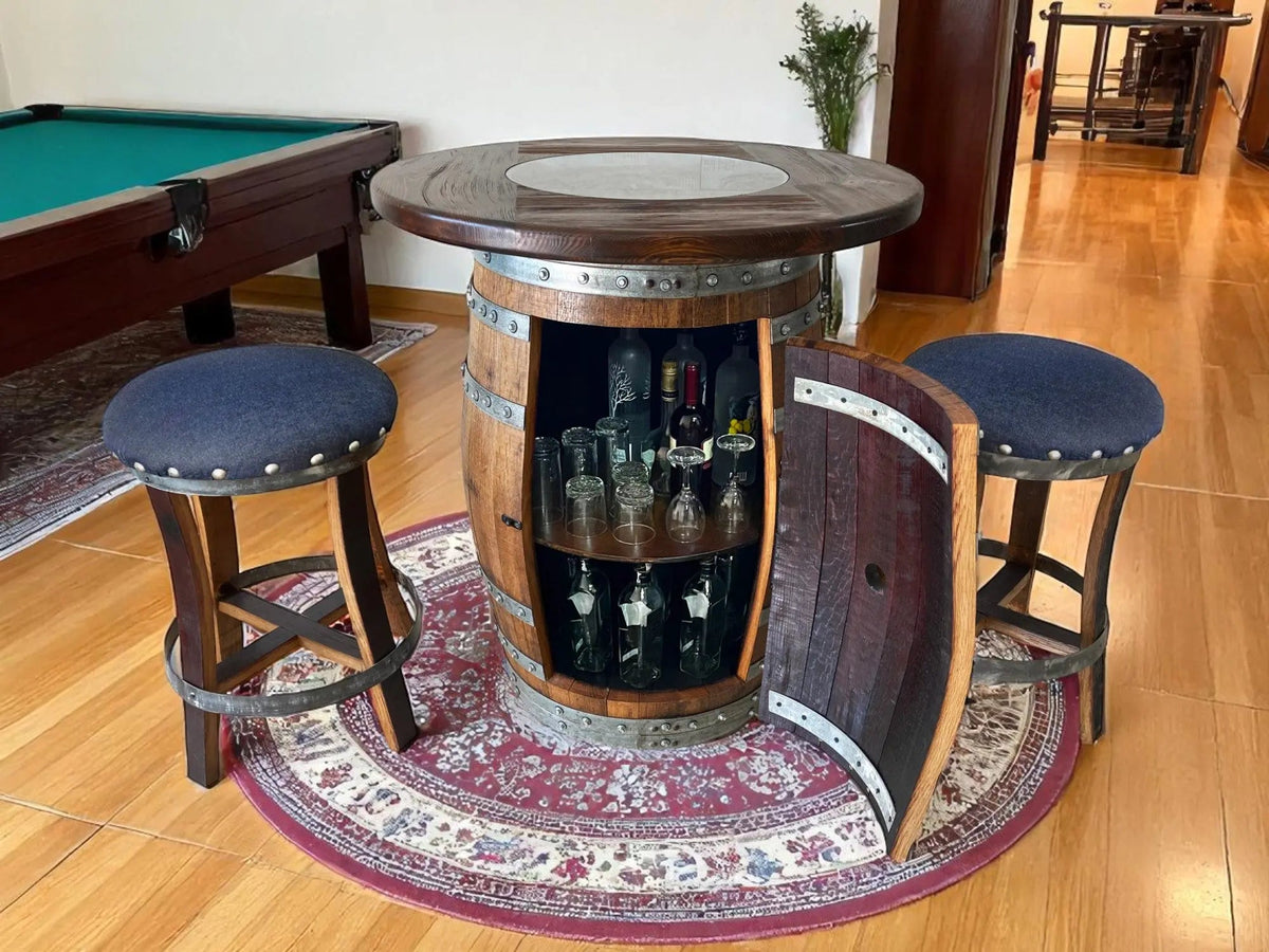 Wine Barrel Bar with Round Wood-Glass Top and Bar Stools