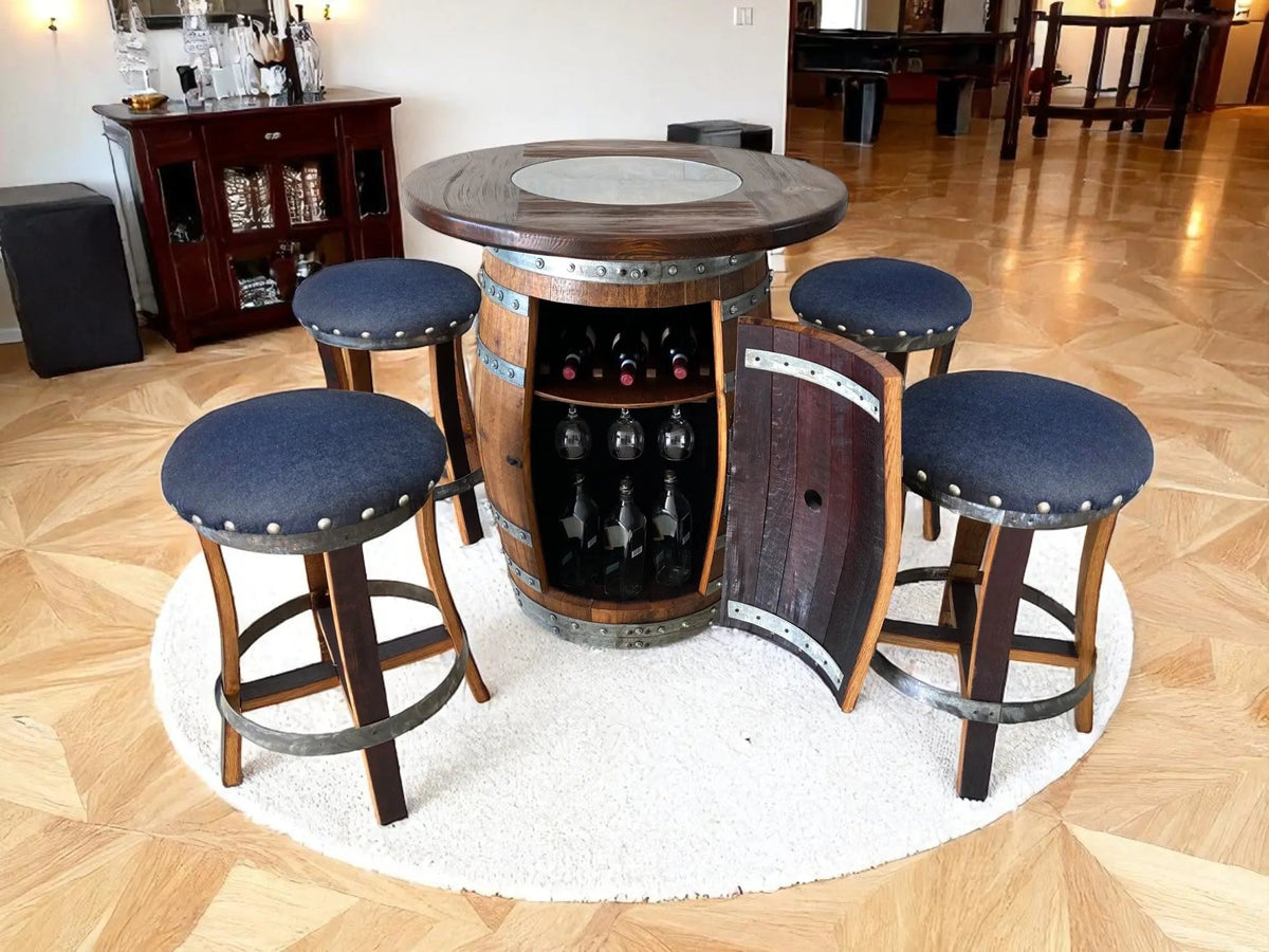 Wine Barrel Bar with Round Wood-Glass Top and Bar Stools
