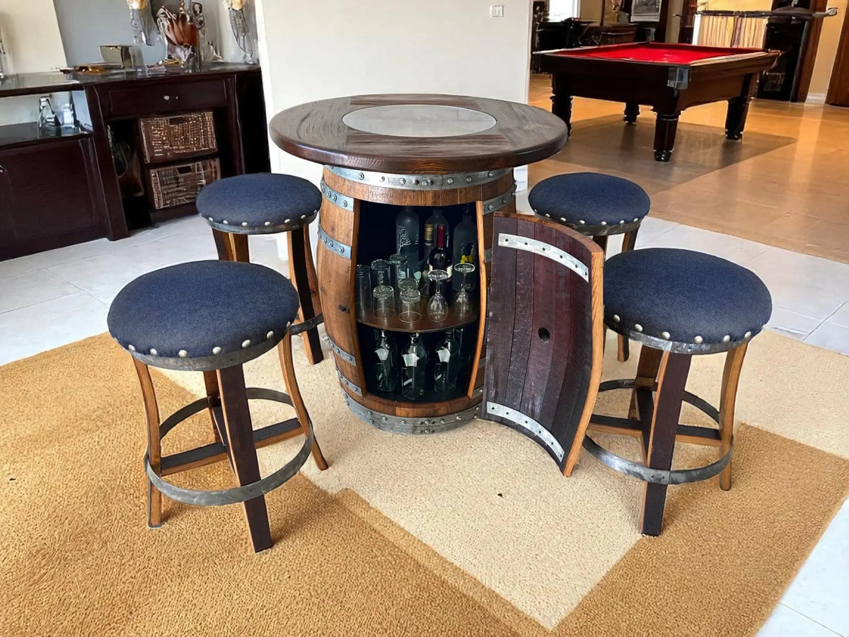 Wine Barrel Bar with Round Wood-Glass Top and Bar Stools