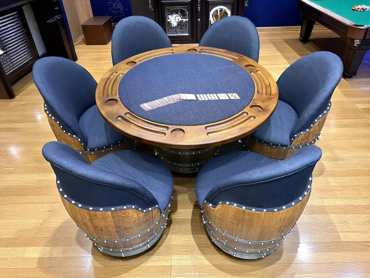 Denim Poker Table with 6 Barrel Chairs