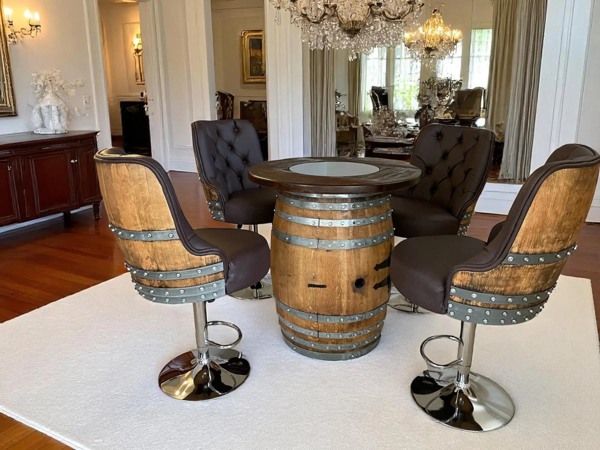 Wine Barrel Bar with Round Top and 2 or 4 Bar Stools