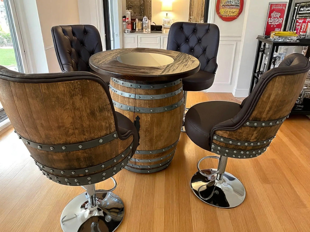 Wine Barrel Bar with Round Top and 2 or 4 Bar Stools