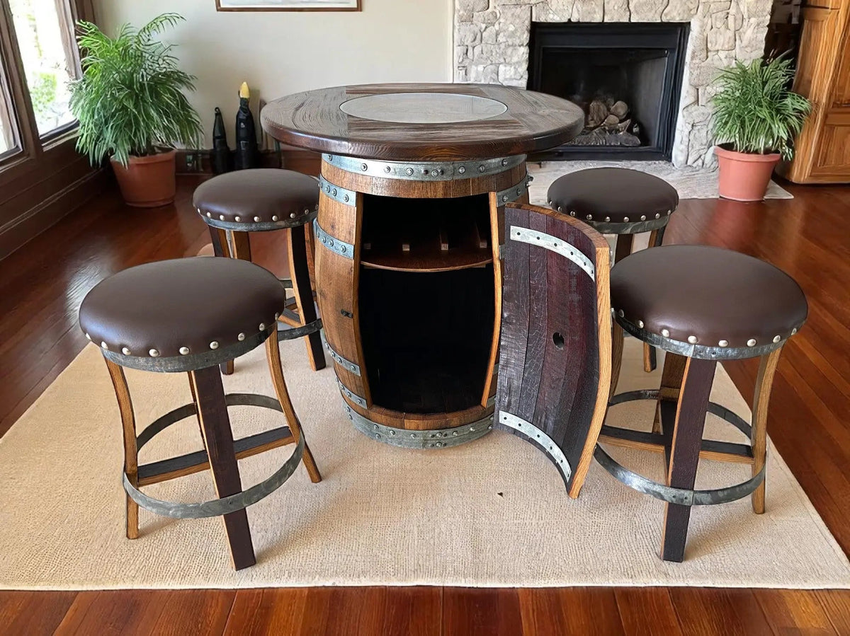Wine Barrel Bar with Round Top and 4 Stave Bar Stools