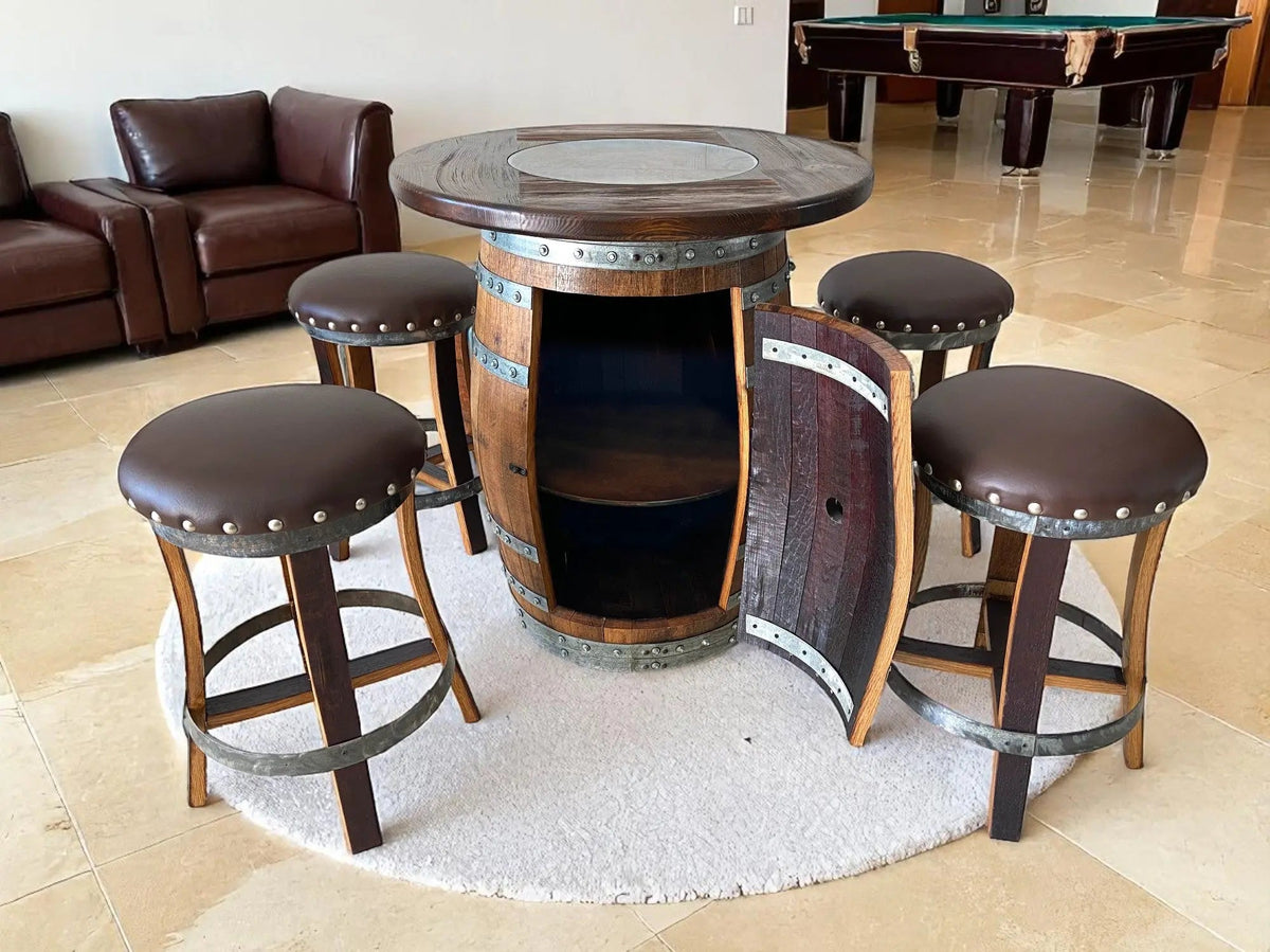 Wine Barrel Bar with Round Top and 4 Stave Bar Stools