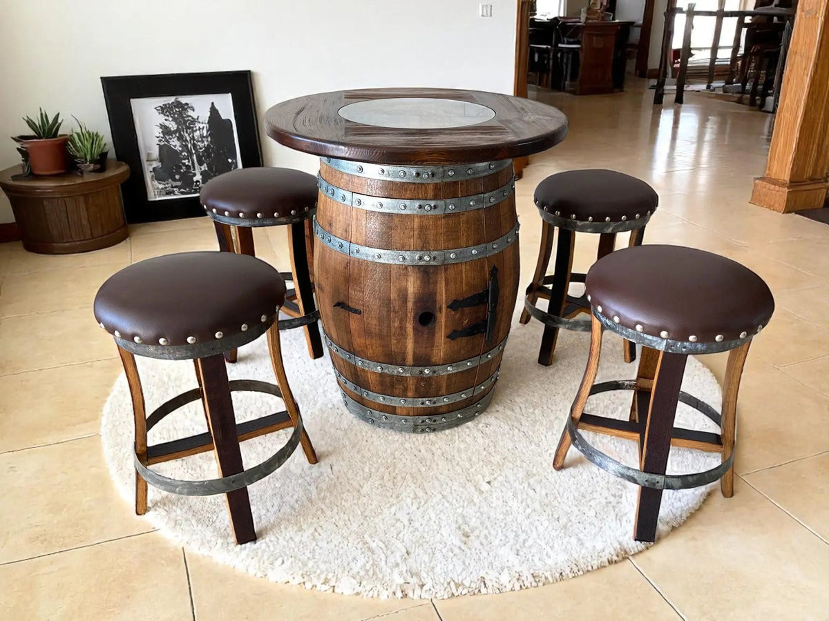 Wine Barrel Bar with Round Top and 4 Stave Bar Stools