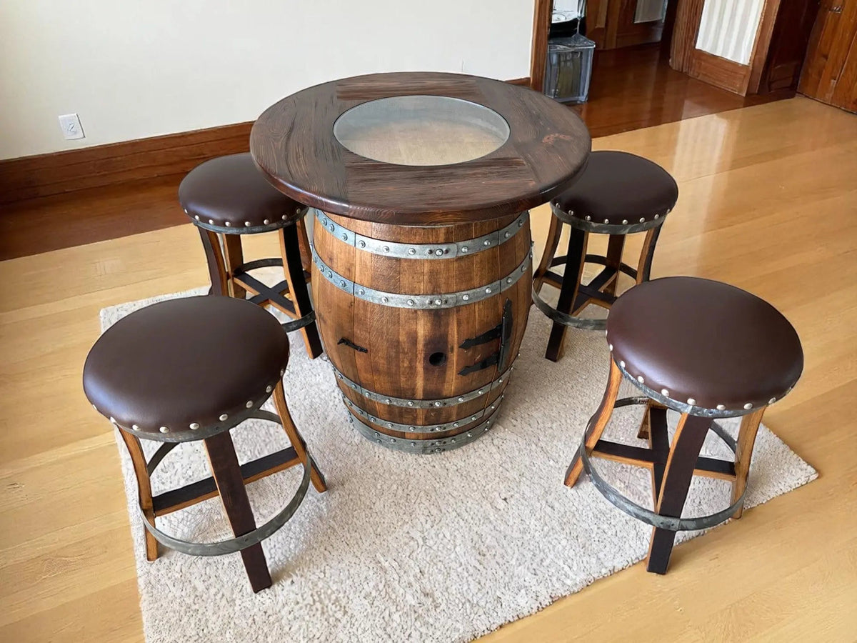 Wine Barrel Bar with Round Top and 4 Stave Bar Stools