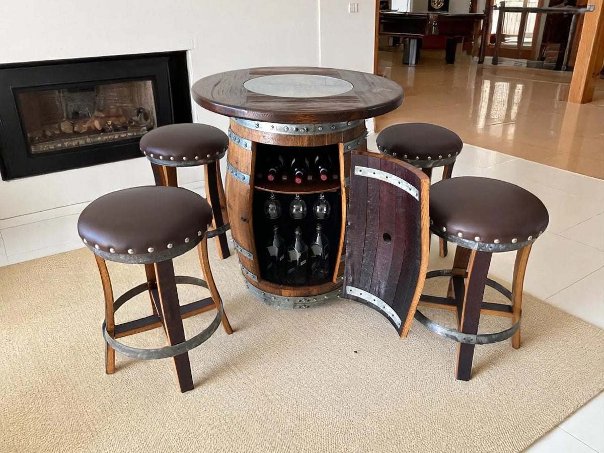 Wine Barrel Bar with Round Top and 4 Stave Bar Stools