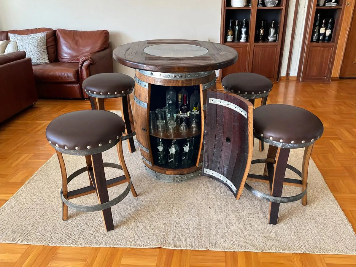 Wine Barrel Bar with Round Top and 4 Stave Bar Stools