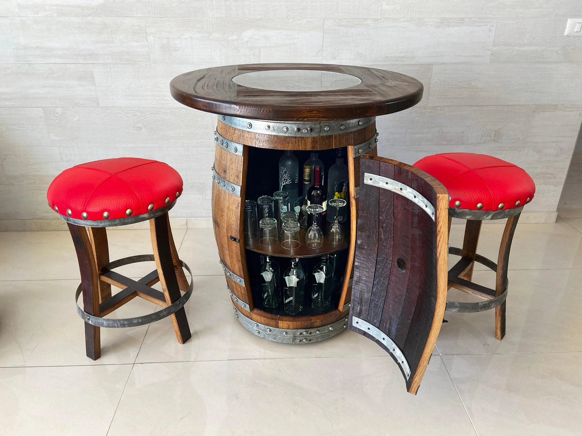 Wine Barrel Bar with Round Wood-Glass Top and Bar Stools