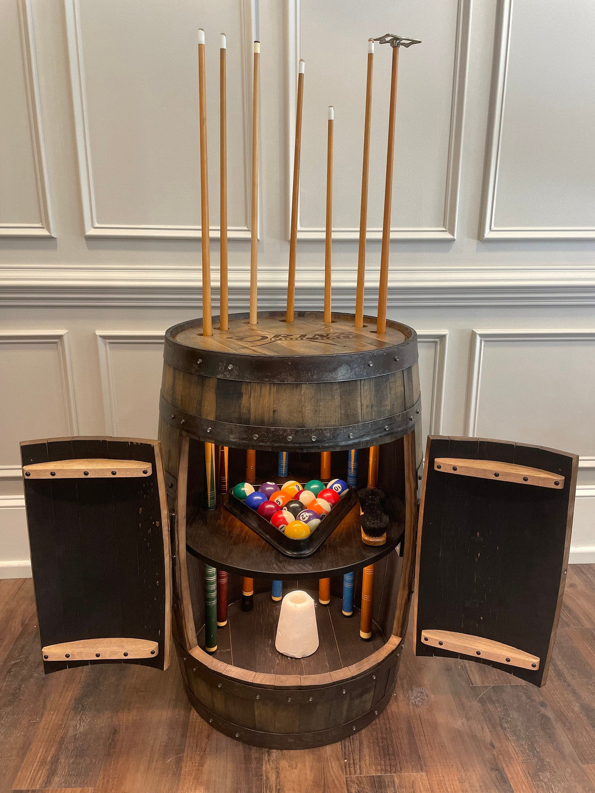 American Whiskey Barrel Pool Cue Storage Cabinet with LED Lighting