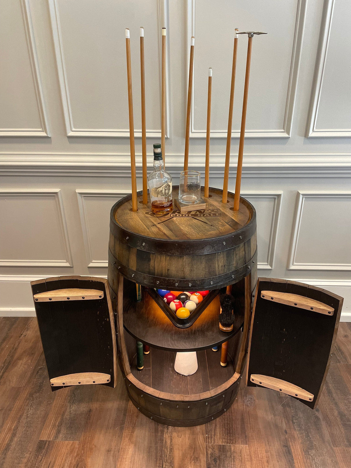 American Whiskey Barrel Pool Cue Storage Cabinet with LED Lighting