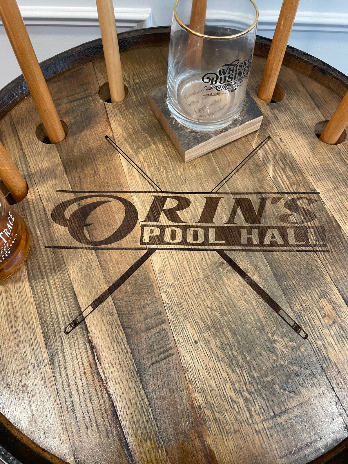 American Whiskey Barrel Pool Cue Storage Cabinet with LED Lighting