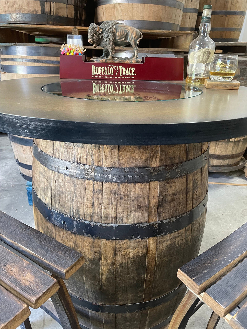 Custom Bourbon Whiskey Barrel Bistro Bar Table with LED Storage