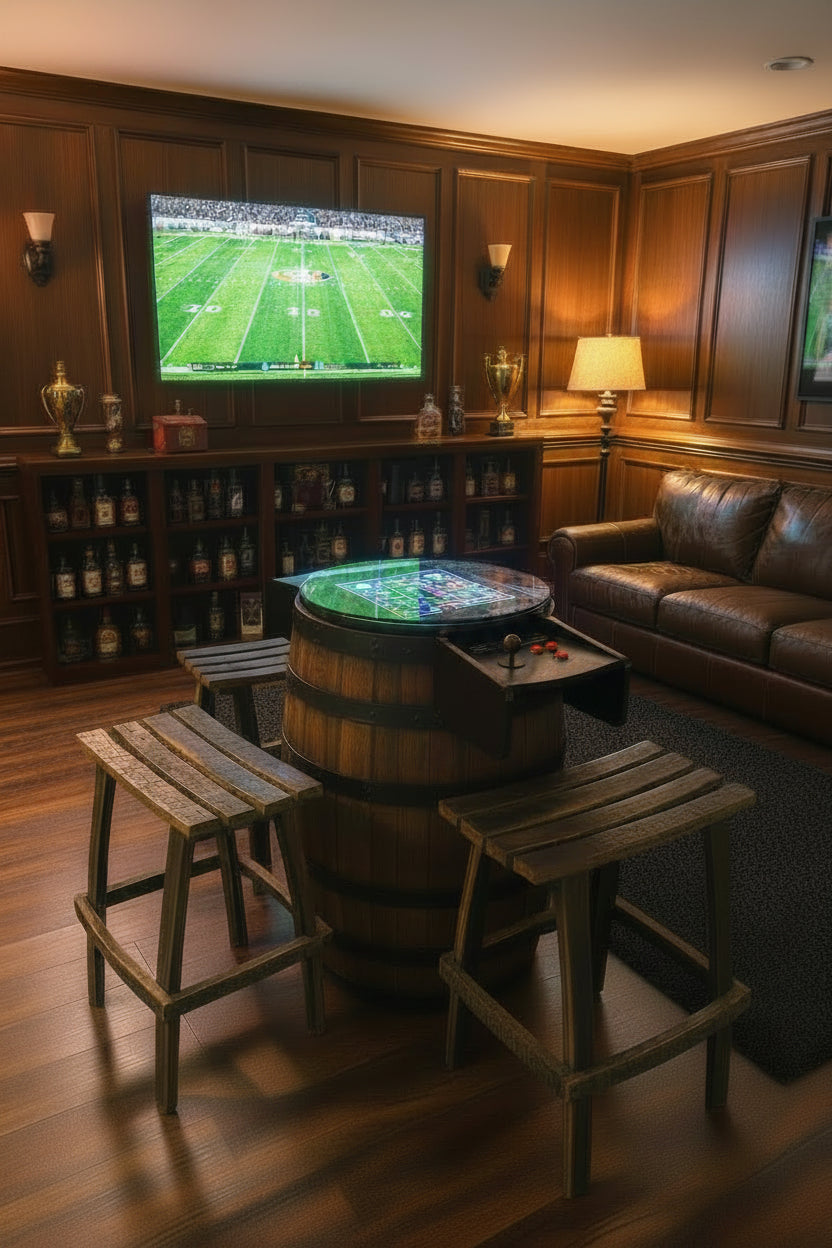 Whiskey Barrel Arcade Cabinet with 60 Classic Arcade Games Included