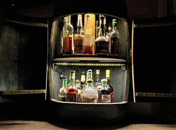 Custom Bourbon Whiskey Barrel Bistro Bar Table with LED Storage