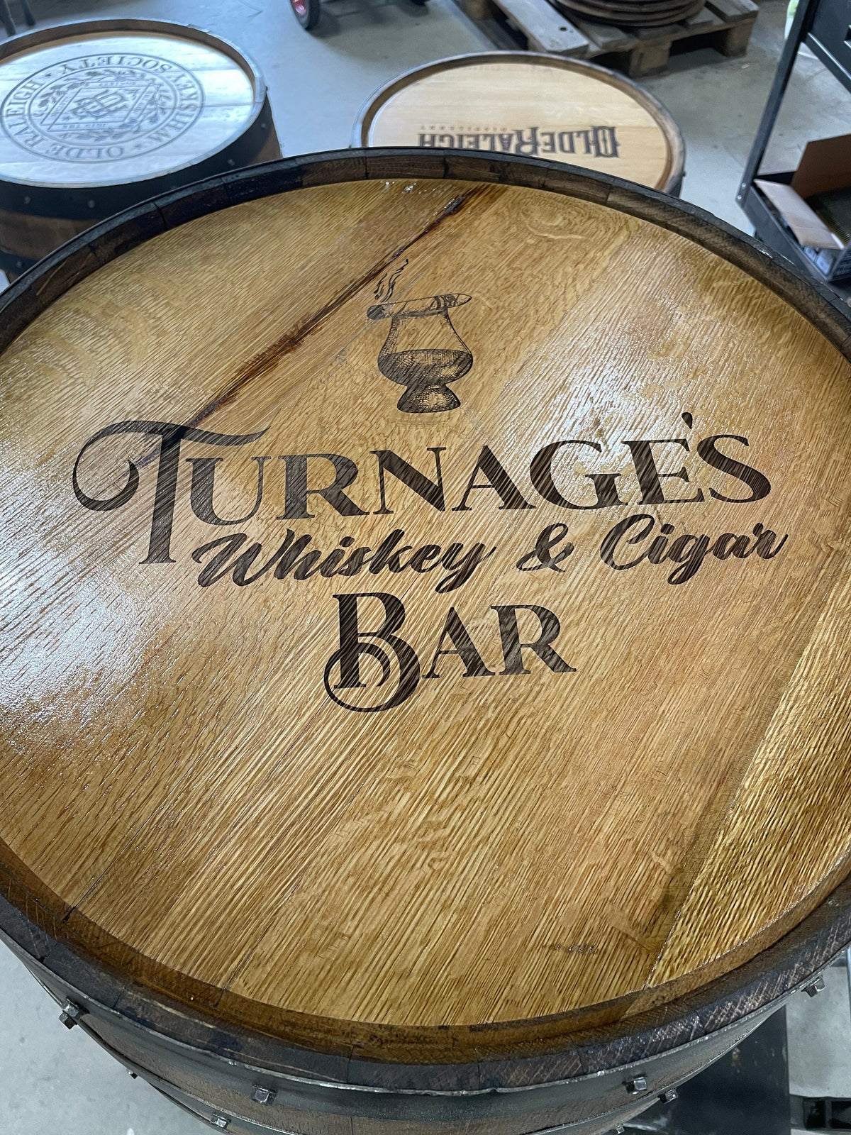 Custom Bourbon Whiskey Barrel Bistro Bar Table with LED Storage