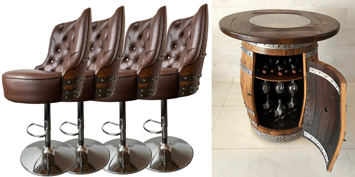 Wine Barrel Bar with Round Top and 2 or 4 Bar Stools
