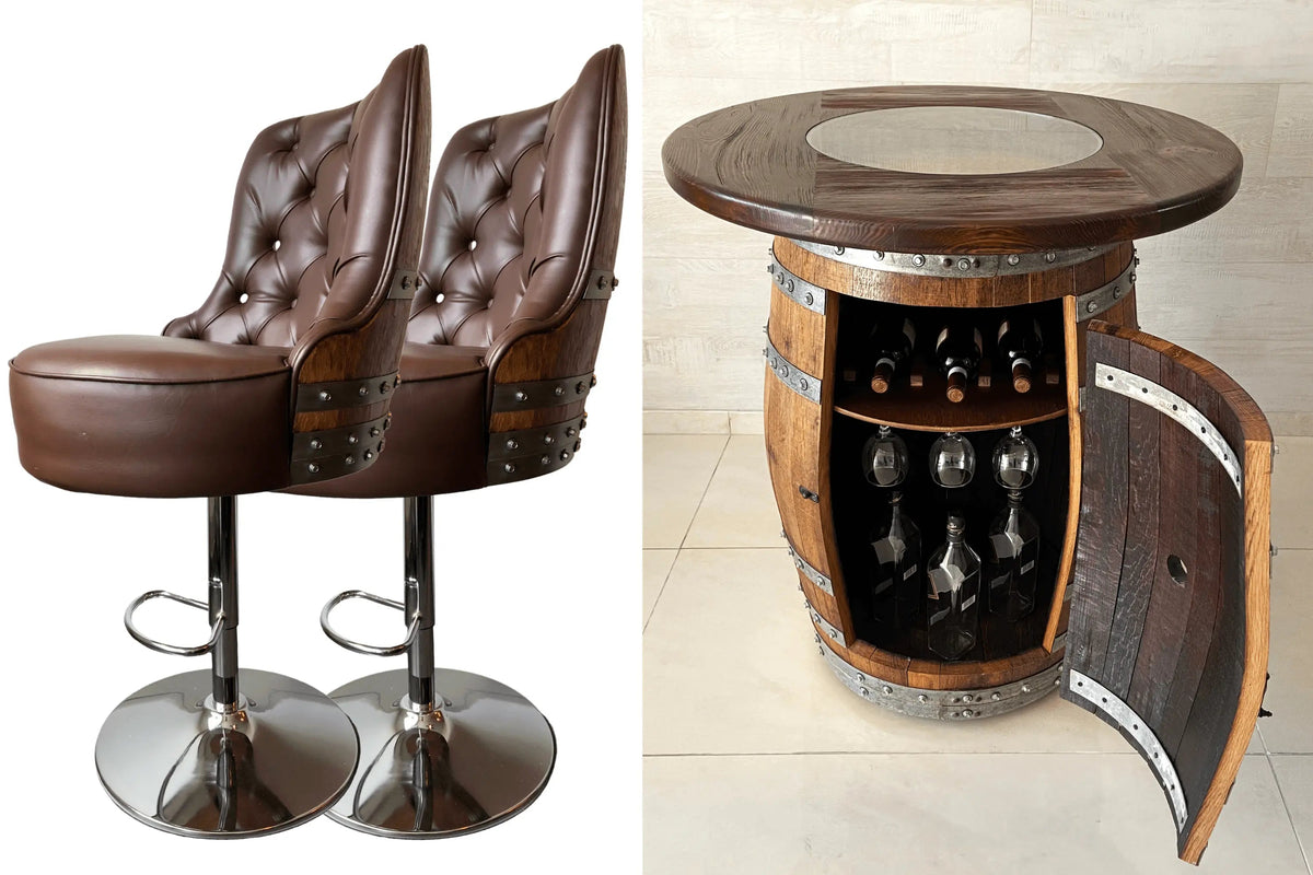 Wine Barrel Bar with Round Top and 2 or 4 Bar Stools