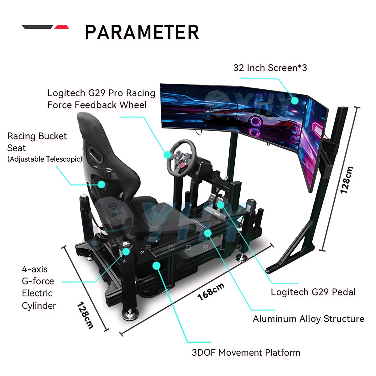 YHY Racing Simulator with 3D Motion Platform, Triple 32" Screens